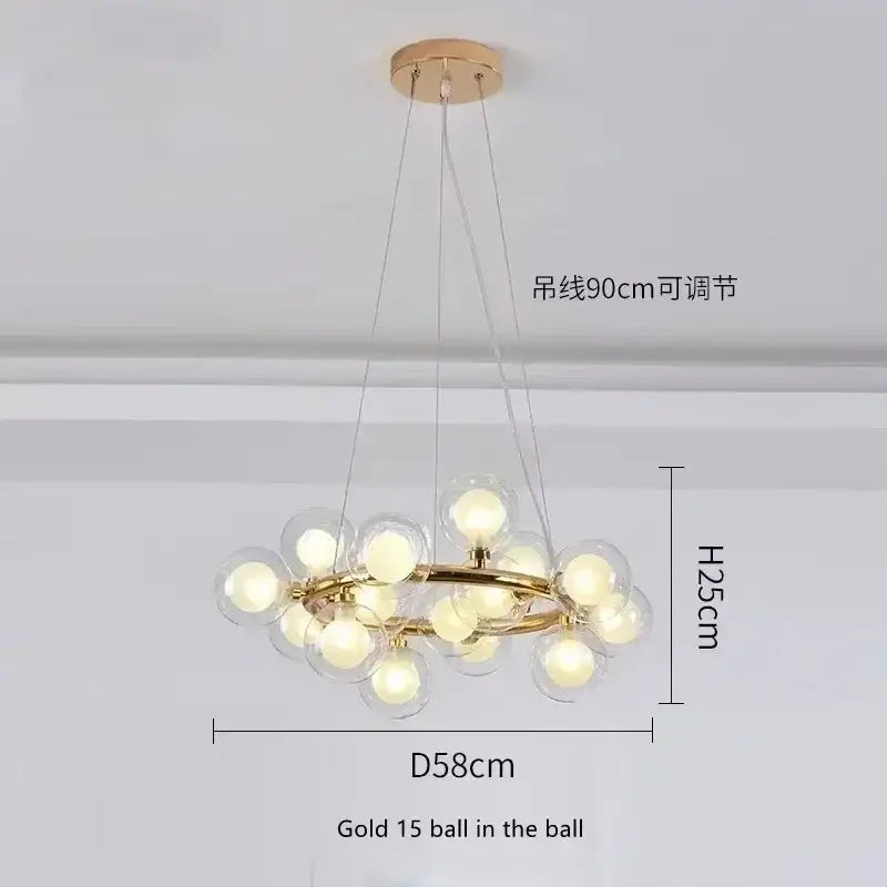DecorBites™ contemporary black and gold chandelier with 15 clear white glass ball bulbs in a circular cluster