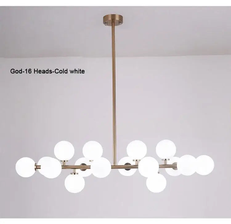 DecorBites™ contemporary black and gold chandelier with modern brass finish and multiple white glass ball globes