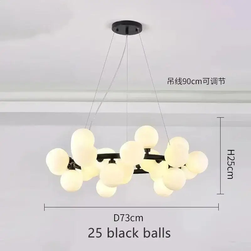 DecorBites™ contemporary black and gold chandelier with 25 frosted white glass ball bulbs in cluster design