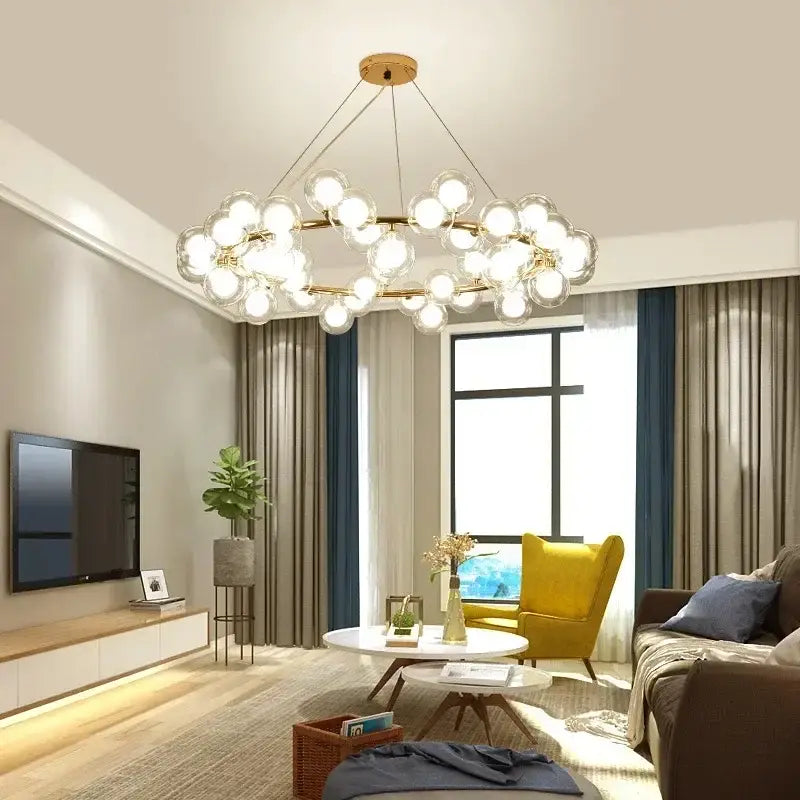 Decorbites™ contemporary black and gold chandelier with multiple white glass ball bulbs in a circular cluster