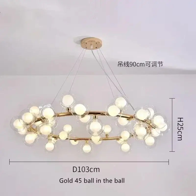 DecorBites™ contemporary black and gold chandelier with 45 white glass ball bulbs in a modern branching design