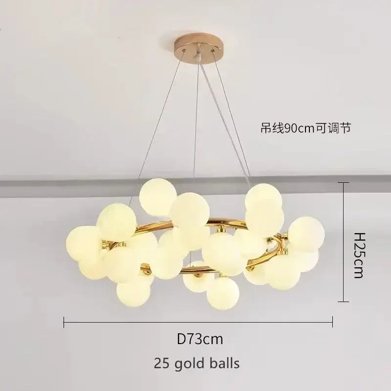 DecorBites™ contemporary black and gold chandelier with 25 frosted white glass balls in circular design