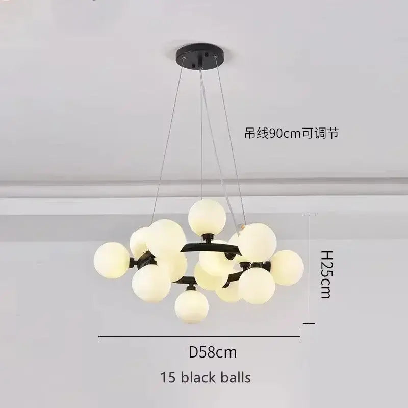 Modern black metal chandelier by DecorBites with 15 frosted white glass ball globes in a contemporary design