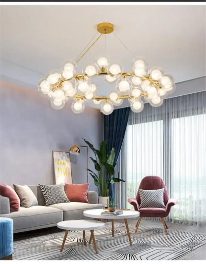 Decorbites™ contemporary black and gold chandelier with white glass ball bulbs in a modern cluster design