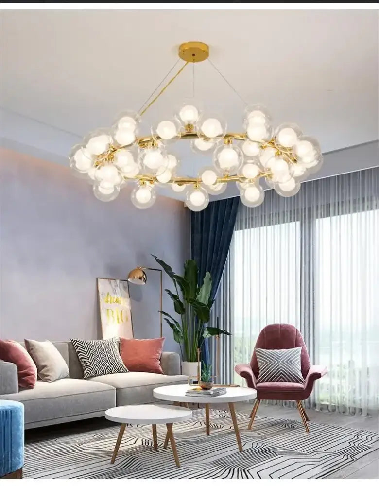 Decorbites™ contemporary black and gold chandelier with white glass ball bulbs in a modern cluster design