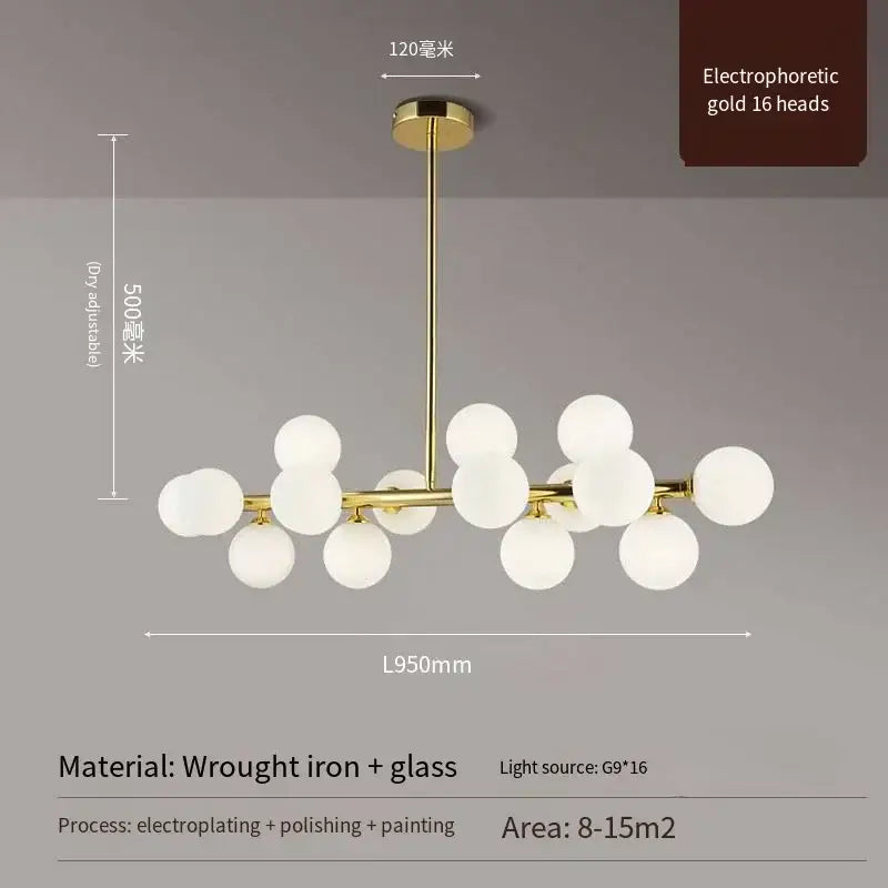 Gold electroplated wrought iron chandelier with 16 frosted white glass ball lights by DecorBites™