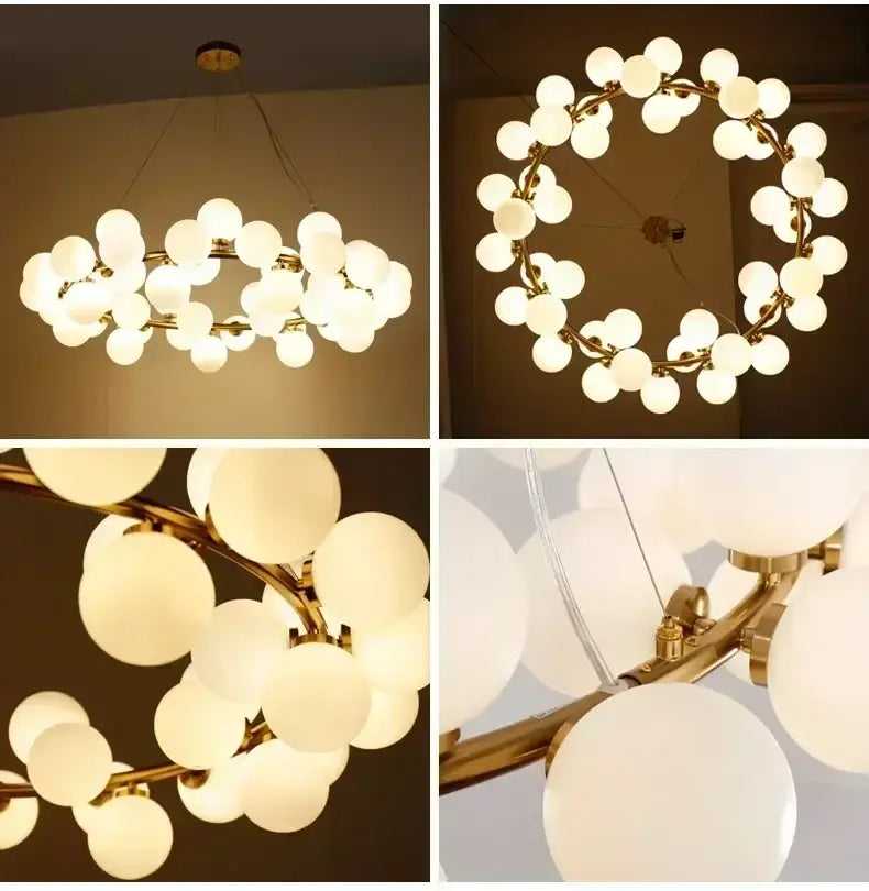 DecorBites™ contemporary black and gold chandelier with multiple white glass ball bulbs in a circular branching design