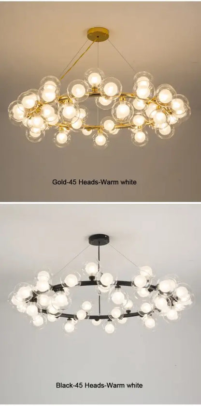 Decorbites™ contemporary black and gold chandelier featuring multiple white glass balls in a modern cluster design