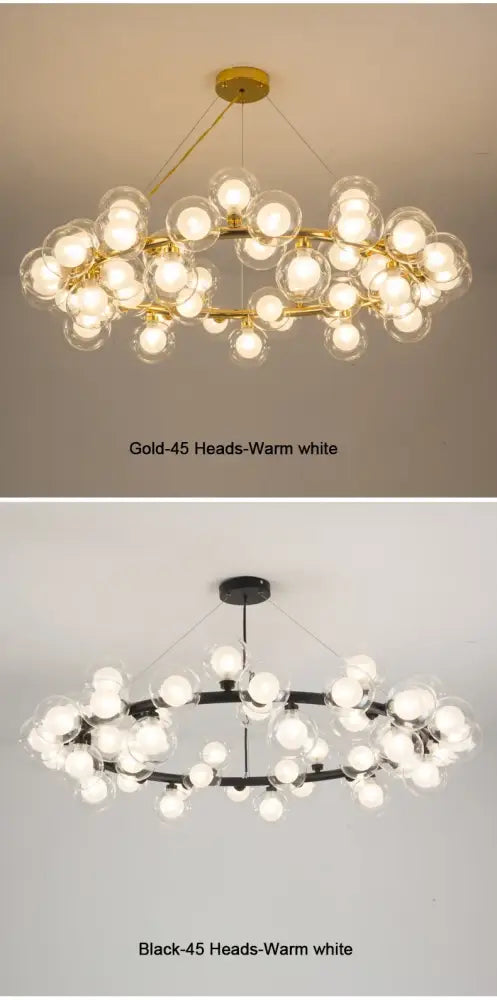 Decorbites™ contemporary black and gold chandelier featuring multiple white glass balls in a modern cluster design