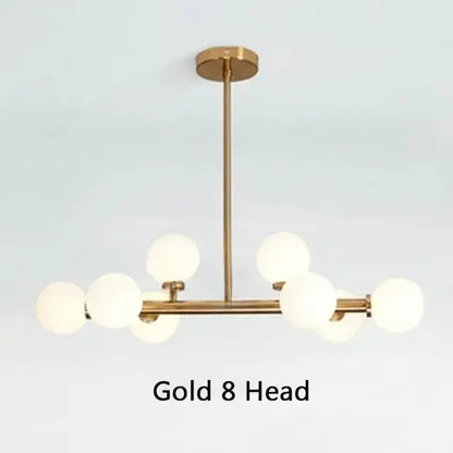 Decorbites contemporary black and gold chandelier with eight white glass ball lights in a horizontal bar design