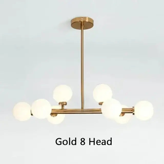 Decorbites contemporary black and gold chandelier with eight white glass ball lights in a horizontal bar design