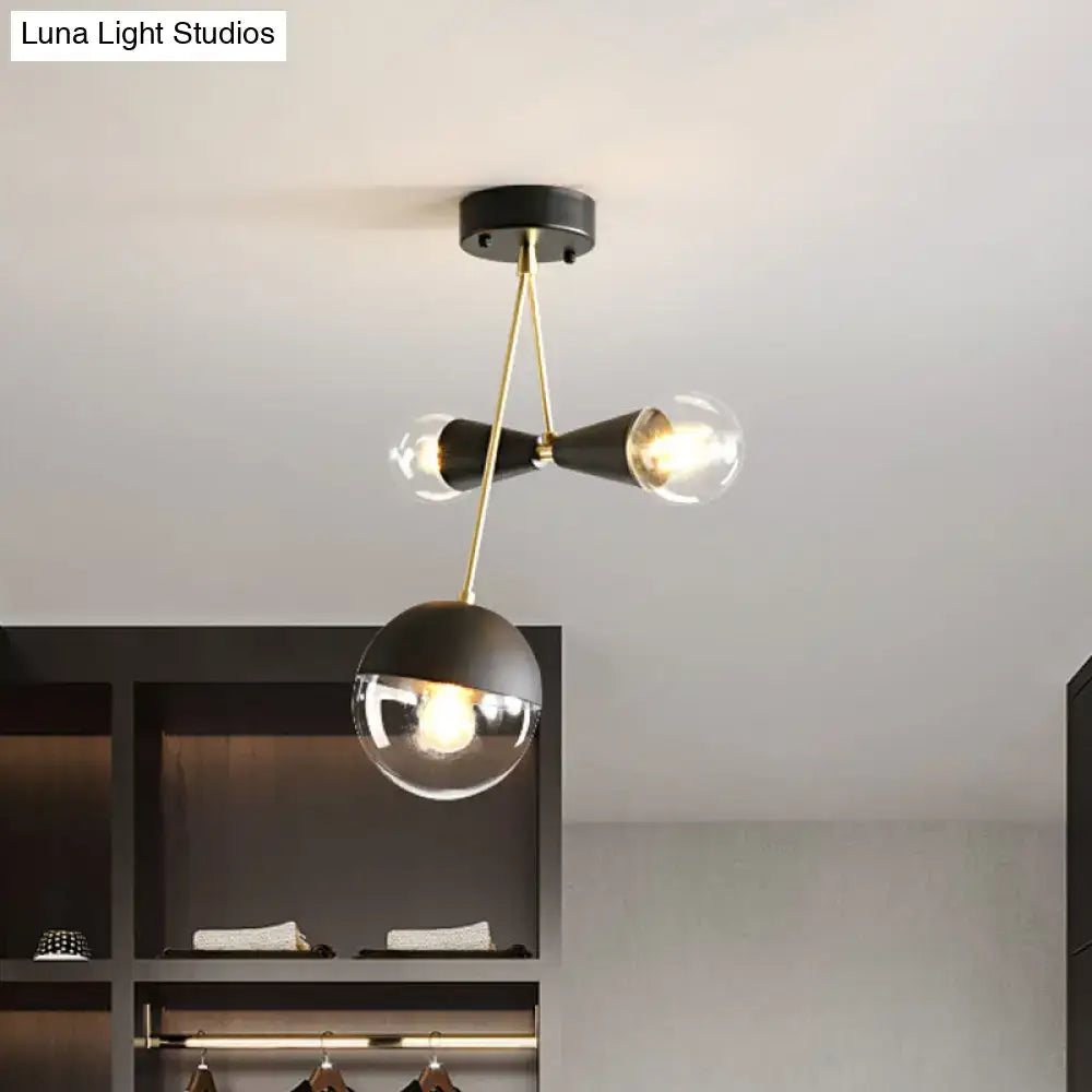 DecorBites contemporary black and brass hourglass semi flush mount ceiling light with three clear glass bulbs