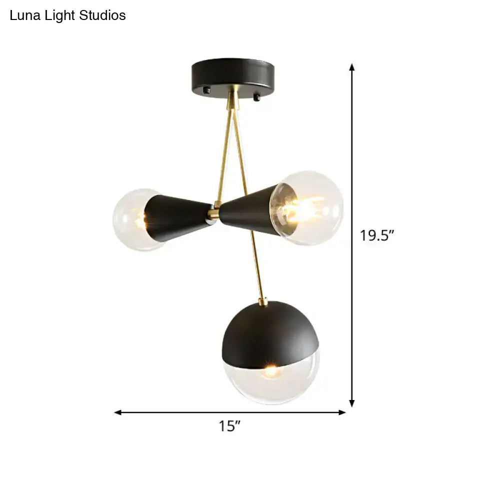 DecorBites™ contemporary black and brass hourglass semi flush ceiling light with three clear glass spherical bulbs