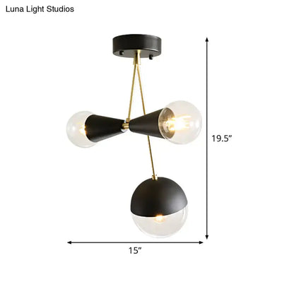 DecorBites™ contemporary black and brass hourglass semi flush mount ceiling light with three clear glass shades