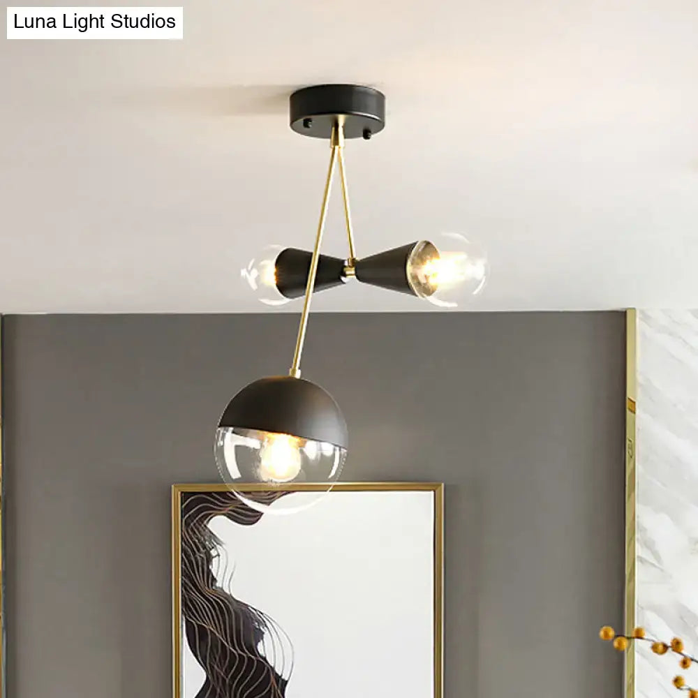 Decorbites contemporary black and brass hourglass semi flush mount ceiling light with three clear glass shades