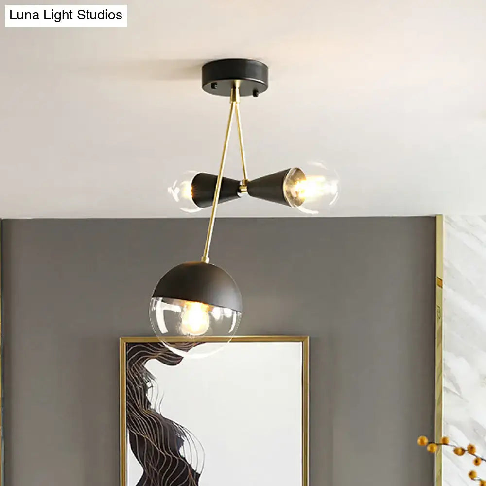 DecorBites contemporary black and brass hourglass semi flush mount ceiling light with three clear glass bulbs