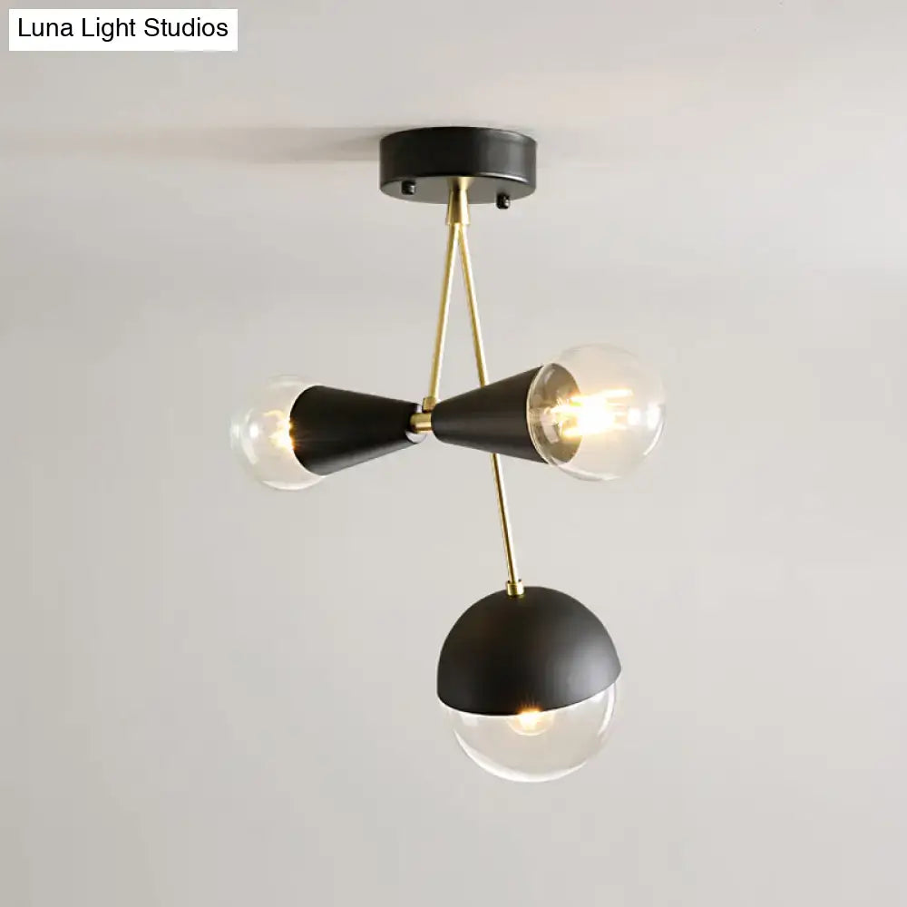 DecorBites™ contemporary black ball and hourglass semi flush mount ceiling light with three bulbs and clear glass shades