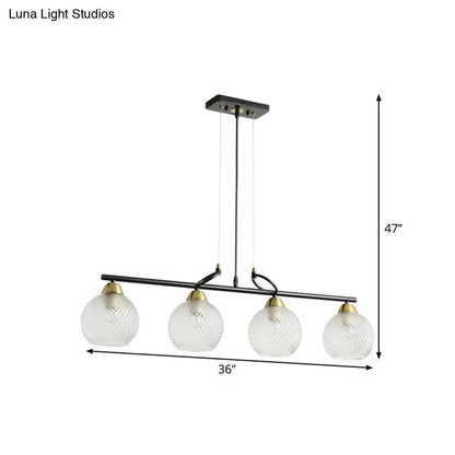 DecorBites™ contemporary black metal bar pendant light with four clear prismatic glass globe shades and brass accents for dining hall