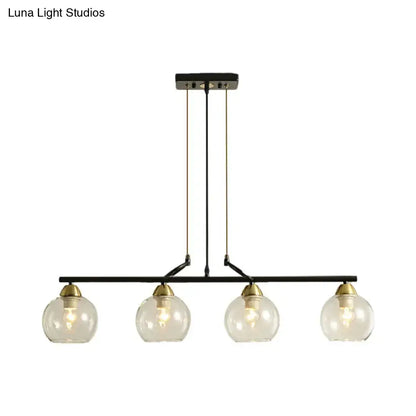 DecorBites contemporary black metal chandelier with four clear prismatic glass globes and brass accents for dining hall