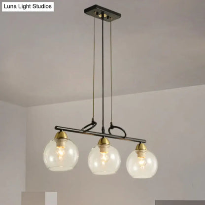 Decorbites™ contemporary black hanging chandelier with clear prismatic glass globes and brass fixtures for dining hall