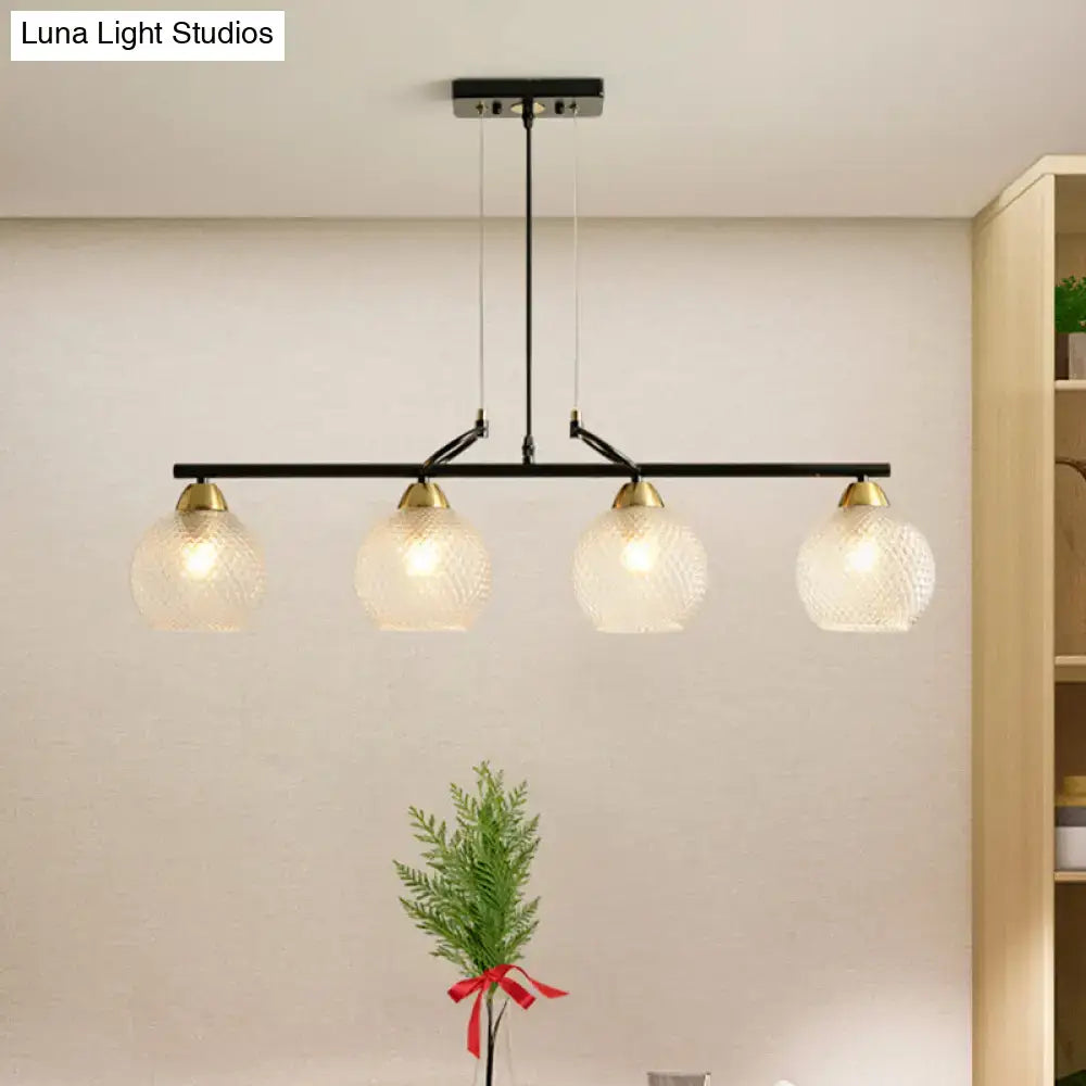 Decorbites contemporary black metal bar pendant light with four frosted globe shades and brass accents for dining hall with clear prismatic glass