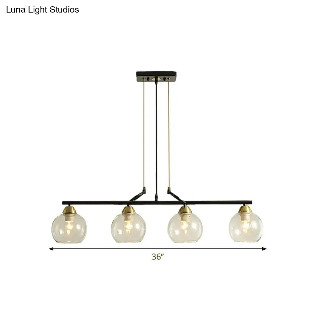 Decorbites contemporary black metal bar pendant light with clear prismatic glass globes and brass accents for dining hall