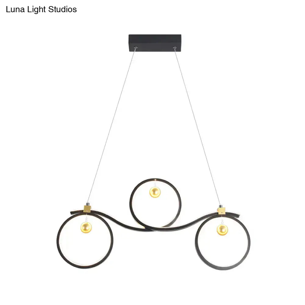 DecorBites contemporary black metal LED pendant light with symmetrical rings and gold-toned spherical bulbs for island ceiling lighting