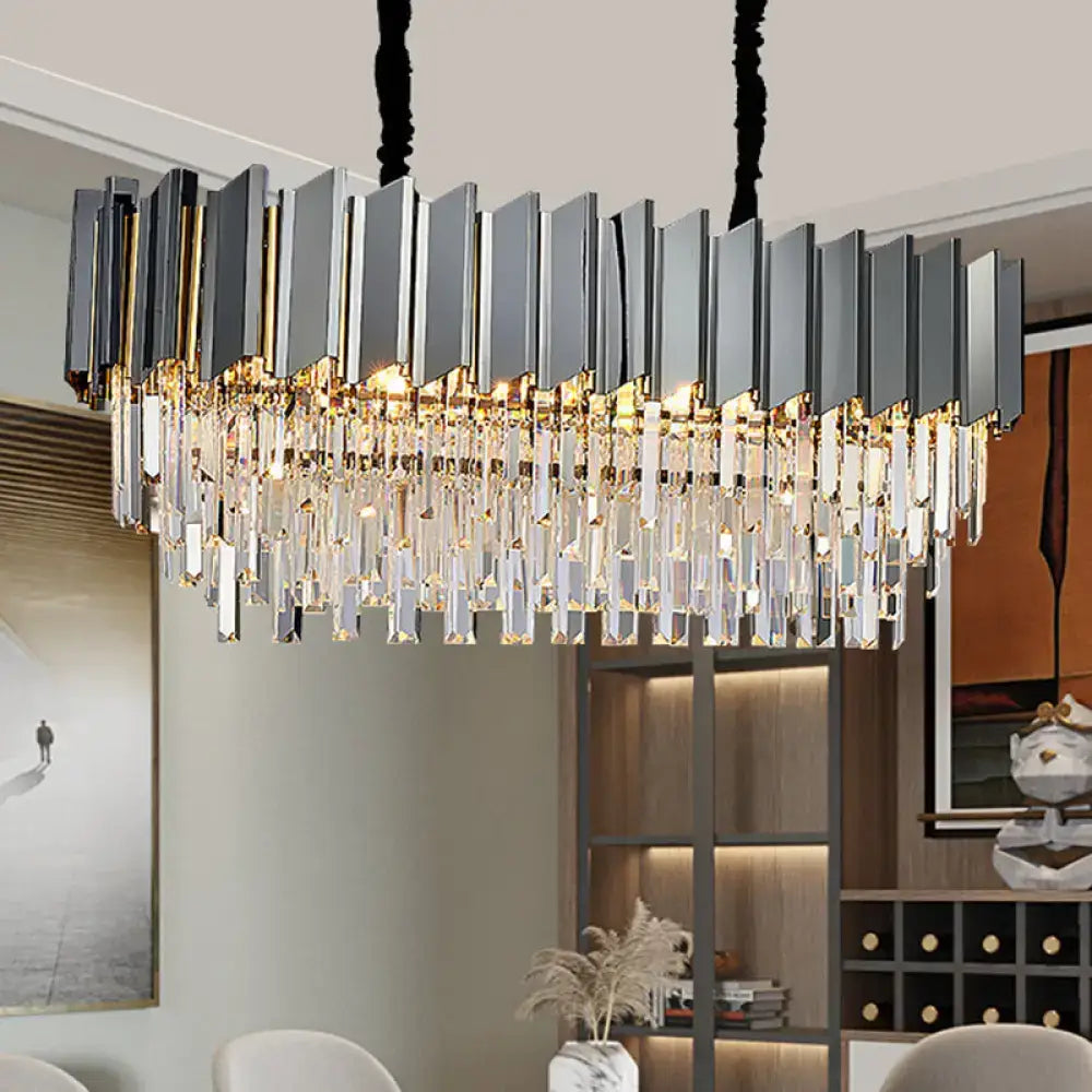 DecorBites™ contemporary black prismatic crystal oval island pendant light fixture with sleek metallic frame for dining room