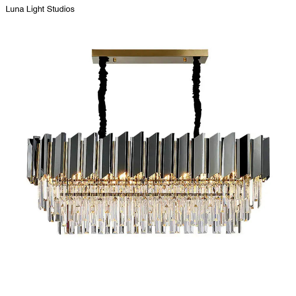 Modern rectangular chandelier with gold metal frame black mirrored panels and clear crystals for dining room decor