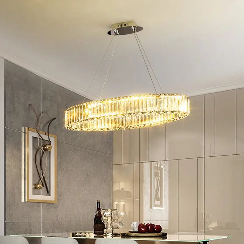 Decorbites contemporary clear crystal prism hanging lamp with golden glow and stepless dimming for dining table lighting