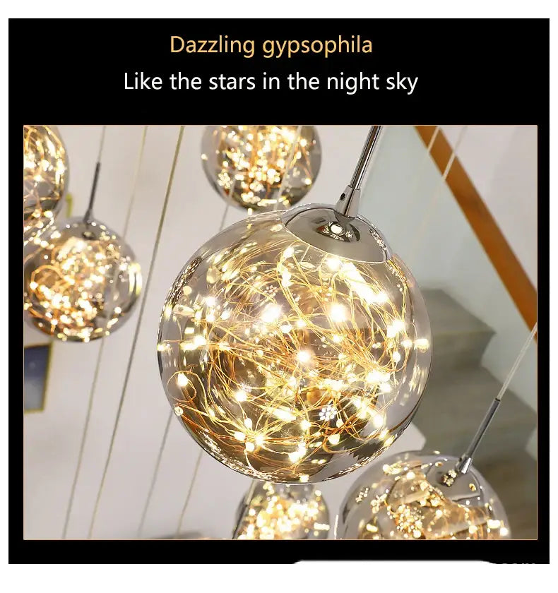 DecorBites™ contemporary crystal ball chandelier with golden fairy lights in clear glass sphere for modern spiral dining room