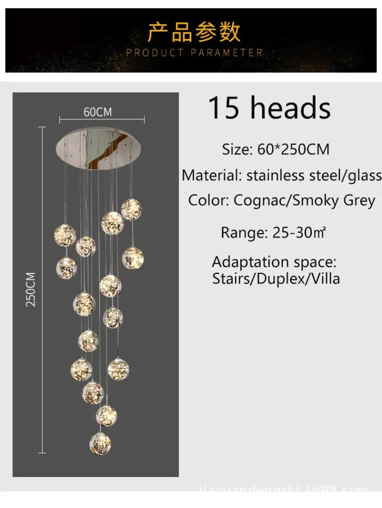 Elegant DecorBites™ contemporary crystal ball chandelier with 15 cognac and smoky grey globes in stainless steel for dining room modern spiral design
