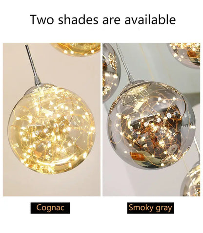Cognac and smoky gray spherical pendant lights with embedded fairy lights in clear glass for a modern spiral dining room crystal ball chandelier