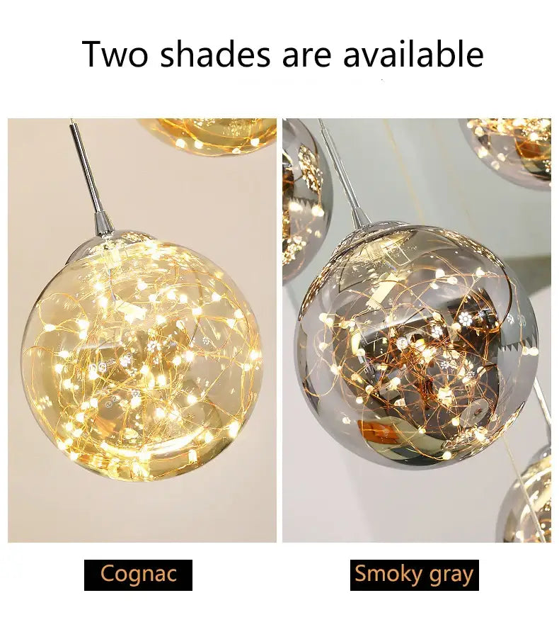 Cognac and smoky gray spherical pendant lights with embedded fairy lights in clear glass for a modern spiral dining room crystal ball chandelier