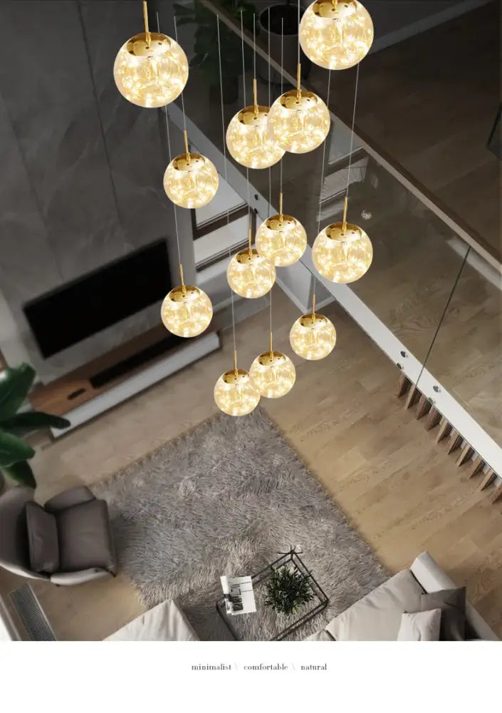 Decorbites™ contemporary crystal ball chandelier with golden spherical pendant lights for modern spiral dining room lighting