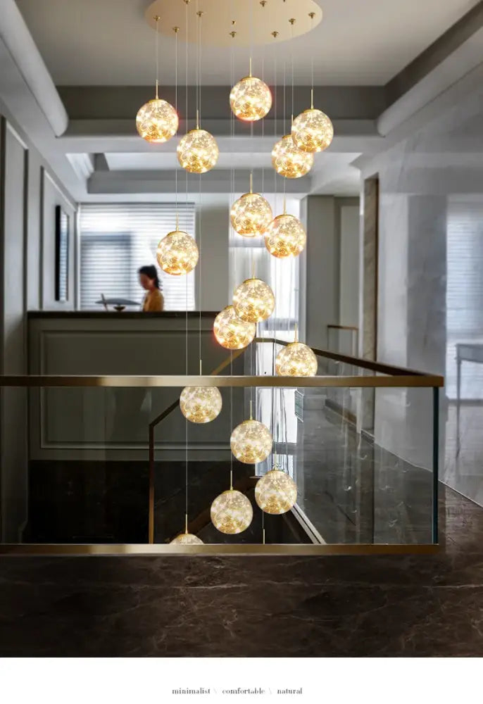 DecorBites™ contemporary crystal ball chandelier with golden crackled glass pendant lights for modern spiral dining room