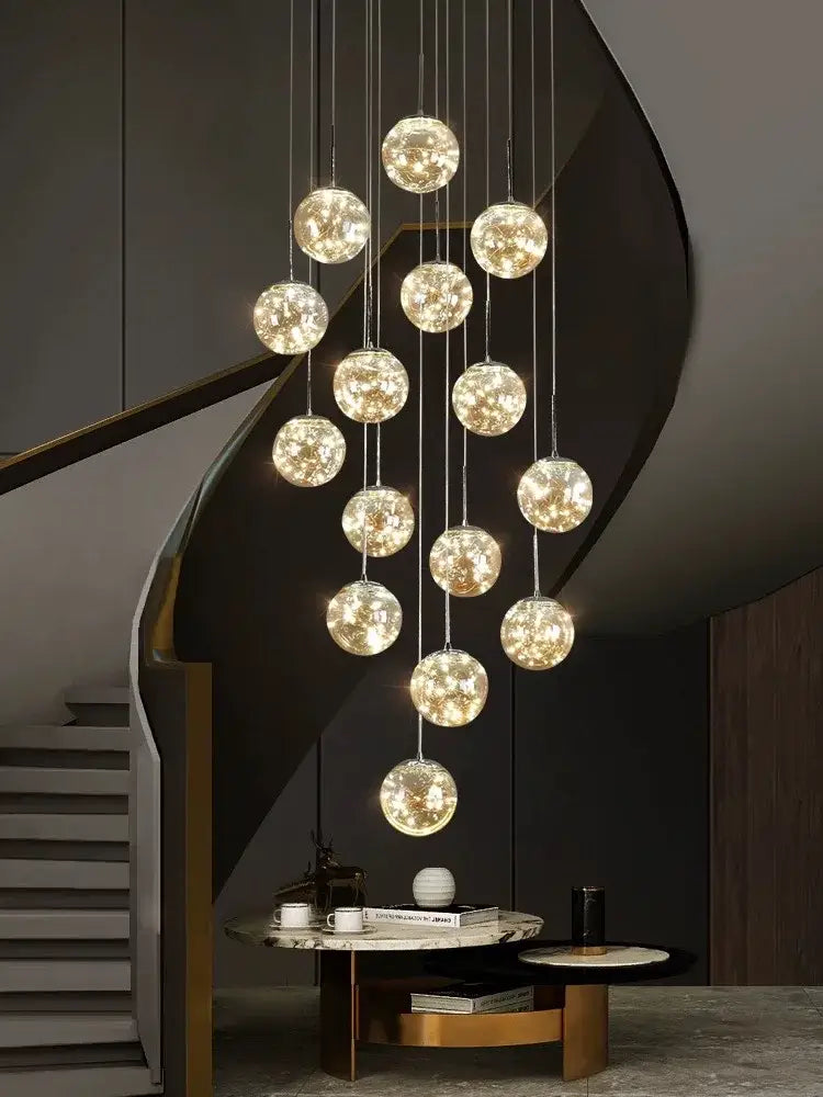 Decorbites contemporary crystal ball chandelier with warm glowing glass orbs for modern spiral dining room lighting