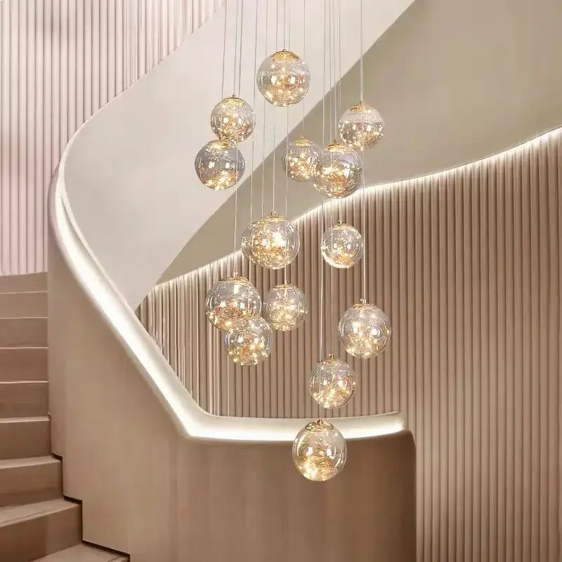DecorBites™ contemporary crystal ball chandelier with clear glass spheres and warm golden light for dining room modern spiral design