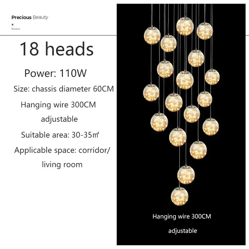 DecorBites™ contemporary crystal ball chandelier with 18 glass globes on adjustable wires perfect for modern spiral dining room