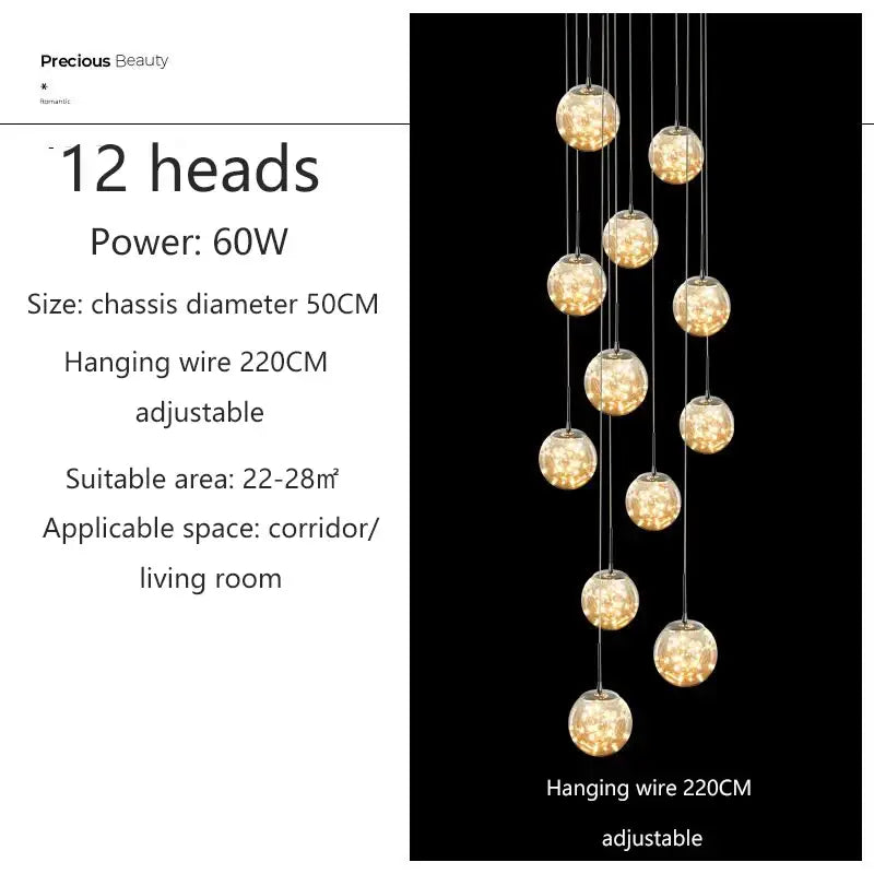 DecorBites™ modern spiral 12-head crystal ball chandelier with warm glass bulbs for dining room lighting suspended by chrome wires