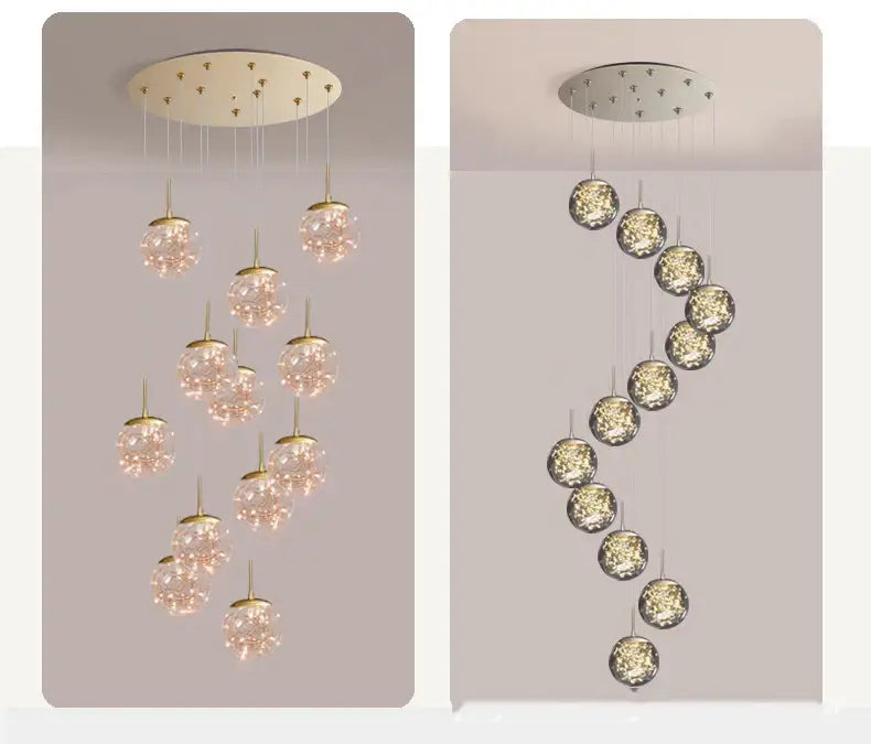 DecorBites™ contemporary crystal ball chandelier with gold-toned metal and glass globes for modern spiral dining room lighting