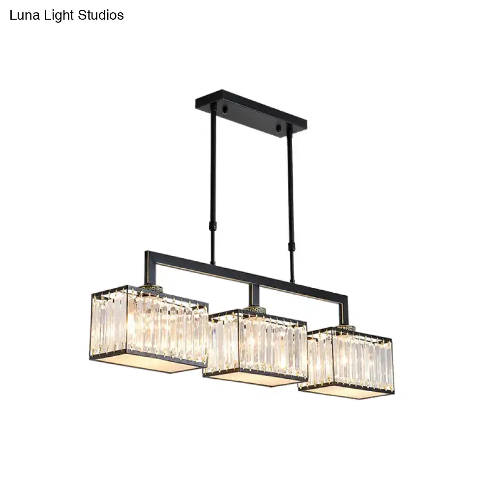 Black metal frame light fixture with three rectangular crystal pendant lights for island light fixture or dining hall use
