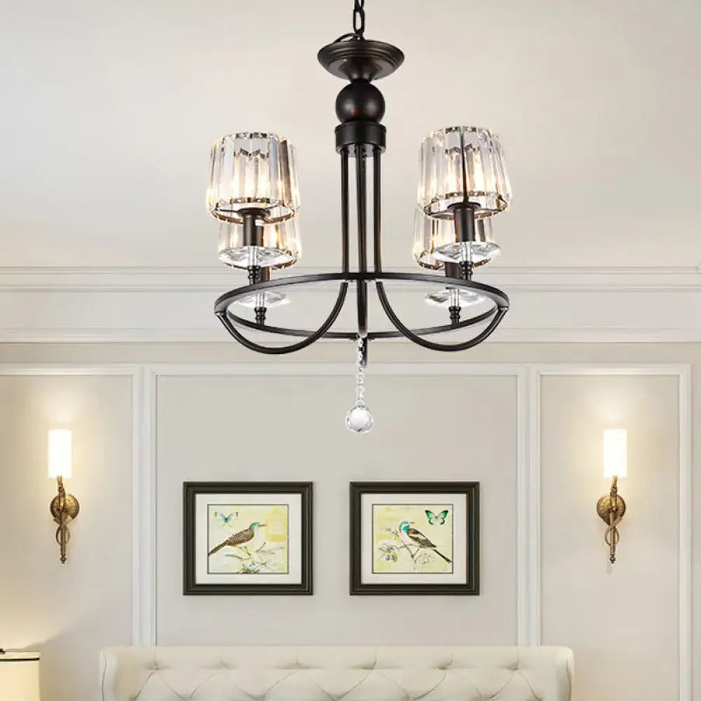 Decorbites contemporary crystal chandelier in black wrought iron with four crystal glass shades and pendant lights circle hanging