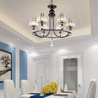 Black wrought iron DecorBites™ contemporary crystal chandelier with clear glass shades and crystal pendant lights circle hanging
