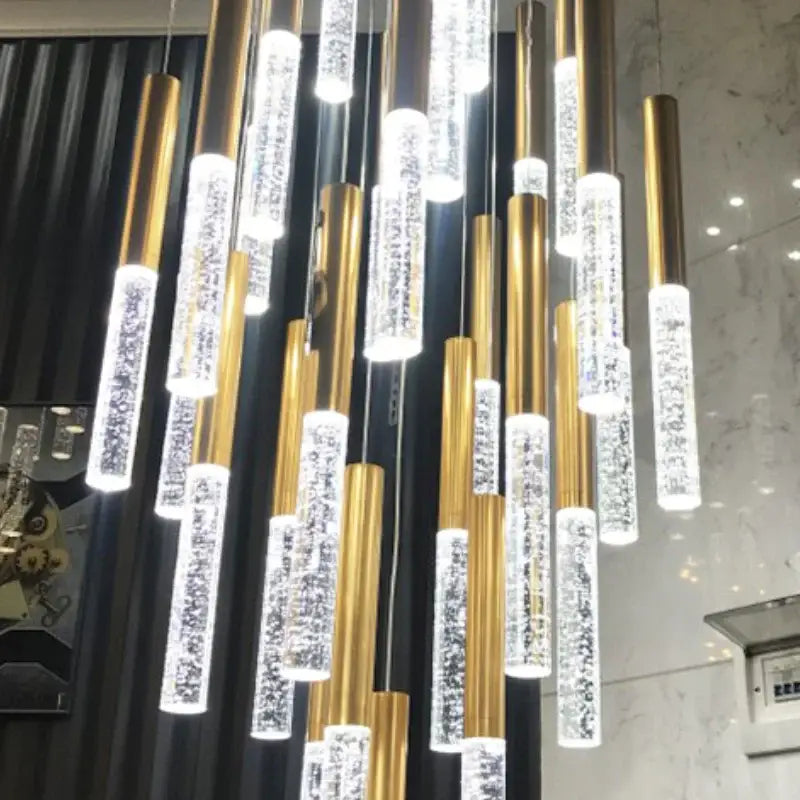 DecorBites™ contemporary crystal chandelier with modern gold and clear crystal pendant for large staircase lighting