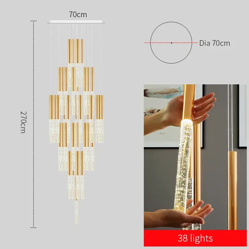 DecorBites™ contemporary crystal chandelier with gold tone and 38 cascading cylindrical crystal lights for large staircase