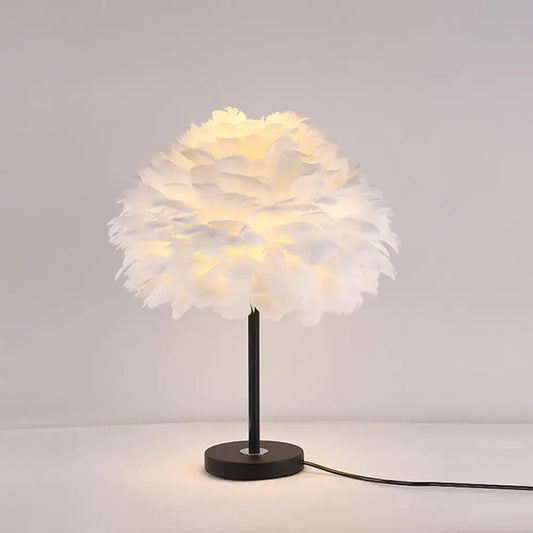 DecorBites™ contemporary feather flower table lamp with white feather shade and black base uses 220v-240v light bulb