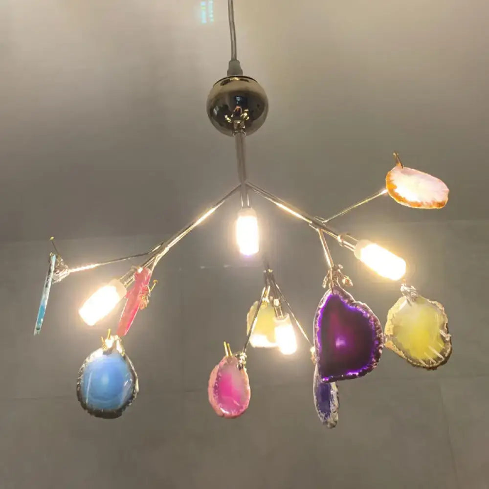 DecorBites contemporary firefly metal pendant light with round canopy chrome finish colorful geode shades for living room island lighting
