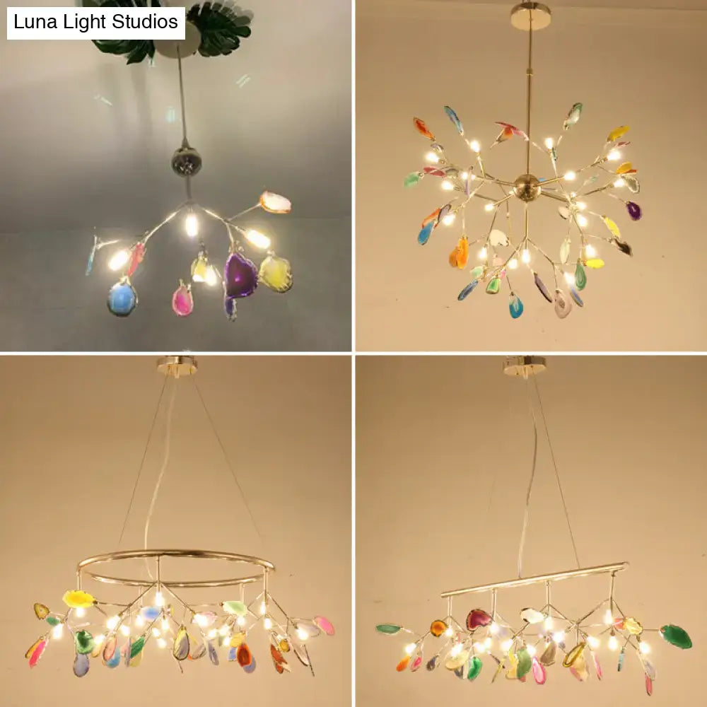 Contemporary firefly metal pendant light with colorful leaf-shaped glass and round canopy for living room island lighting