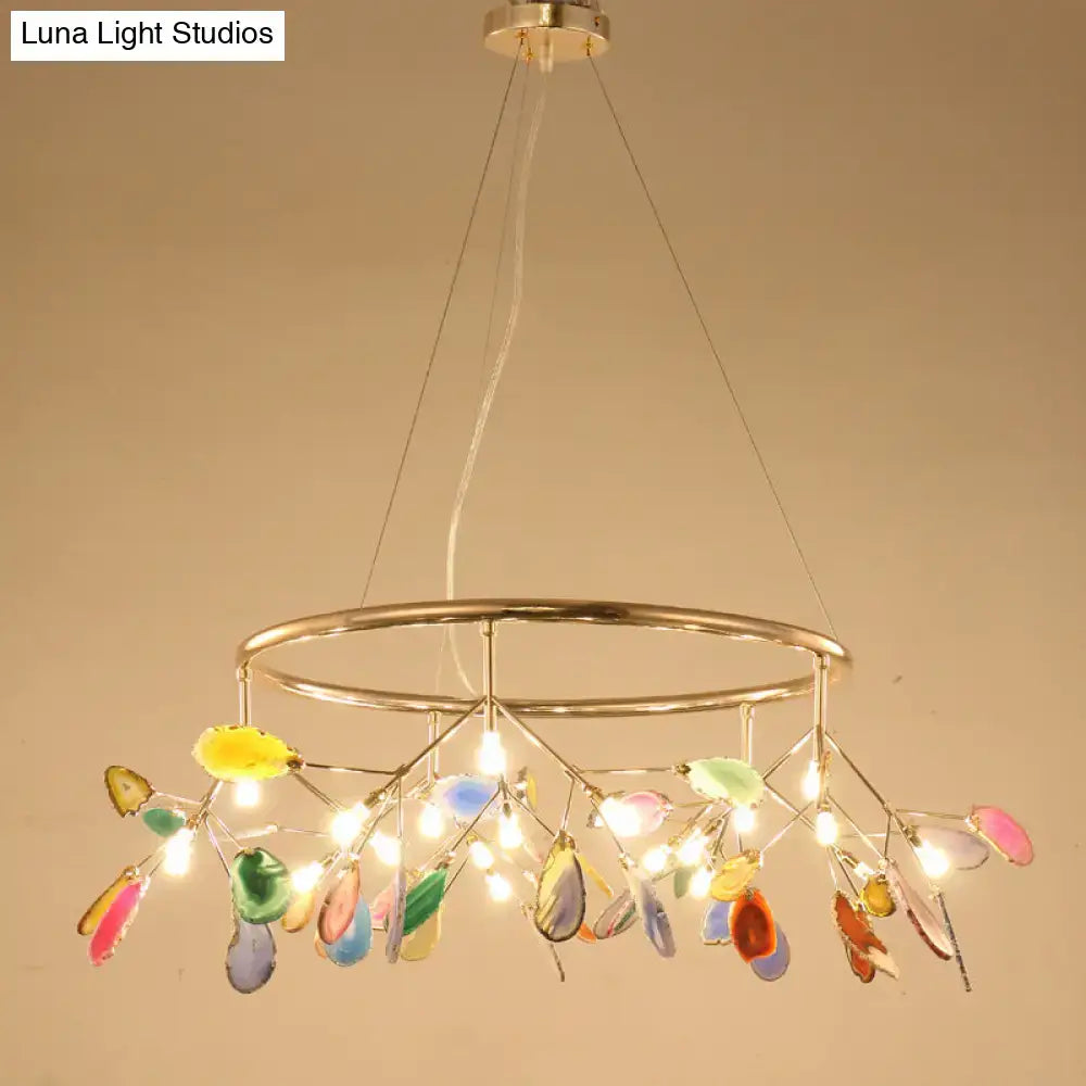 DecorBites™ contemporary firefly metal pendant light with round canopy, colorful glass leaves, ideal for living room island lighting